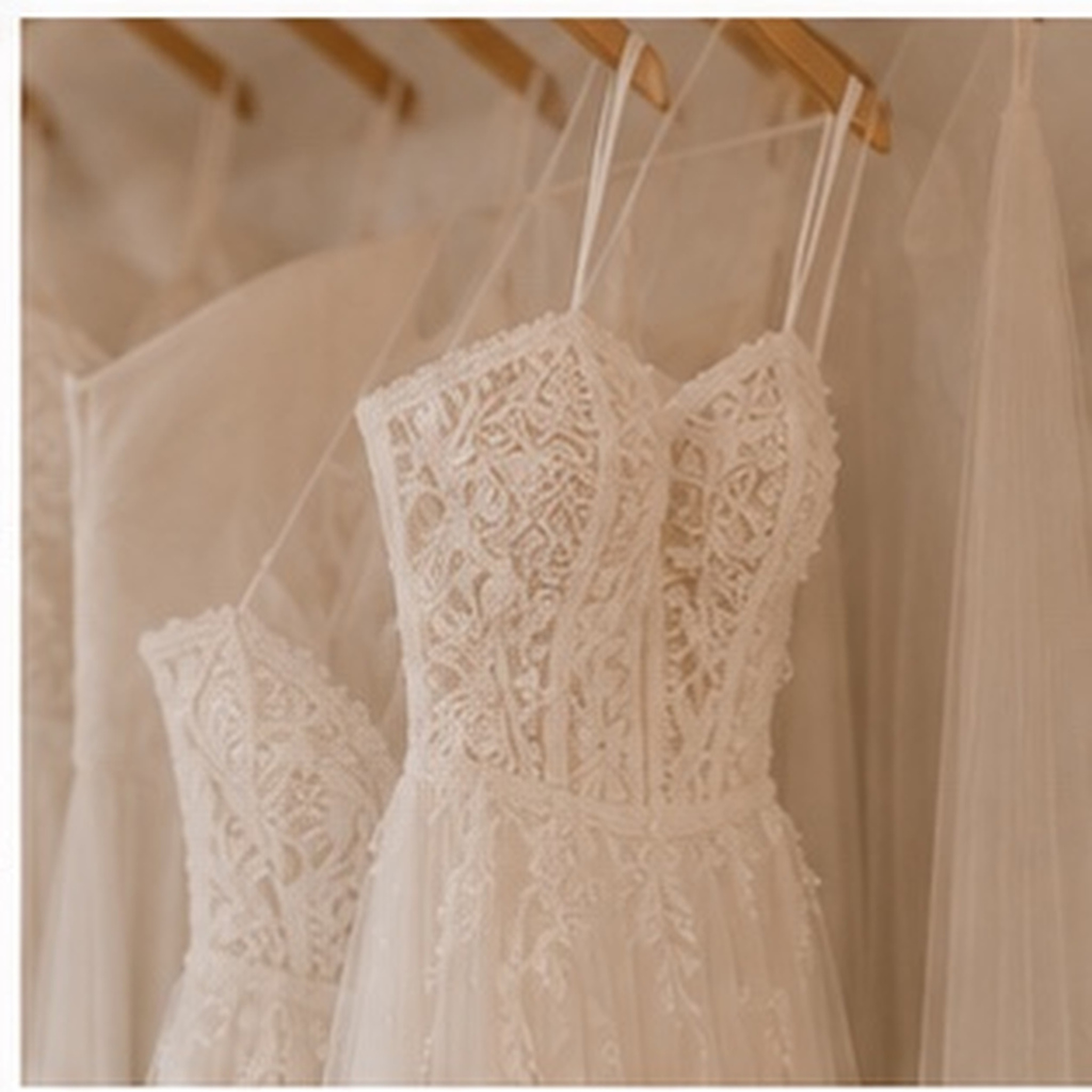 Wedding dresses displayed inside Vana Bridal